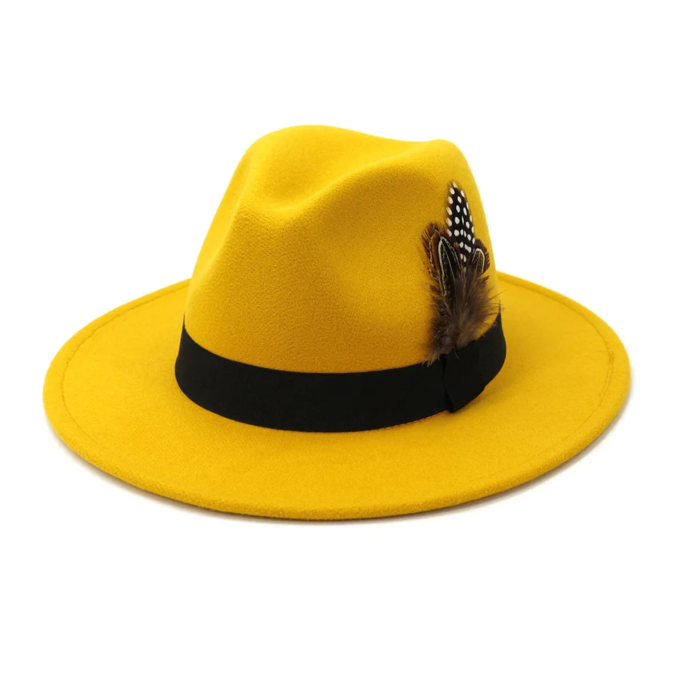 Yellow feather Fedoras men fedora hat men panama top cap unisex hat Military color fedoras large brim church party