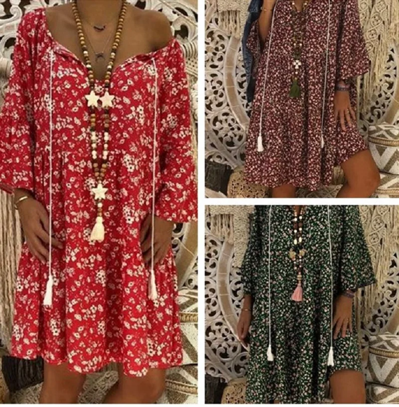 

2022 Summer New Autumn Summer Print Loose Dress With Nine Quarter Sleeves And Long Sleeves