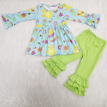 

Cute spring chick print tunic match cotton ruffle pants set children's boutique clothes