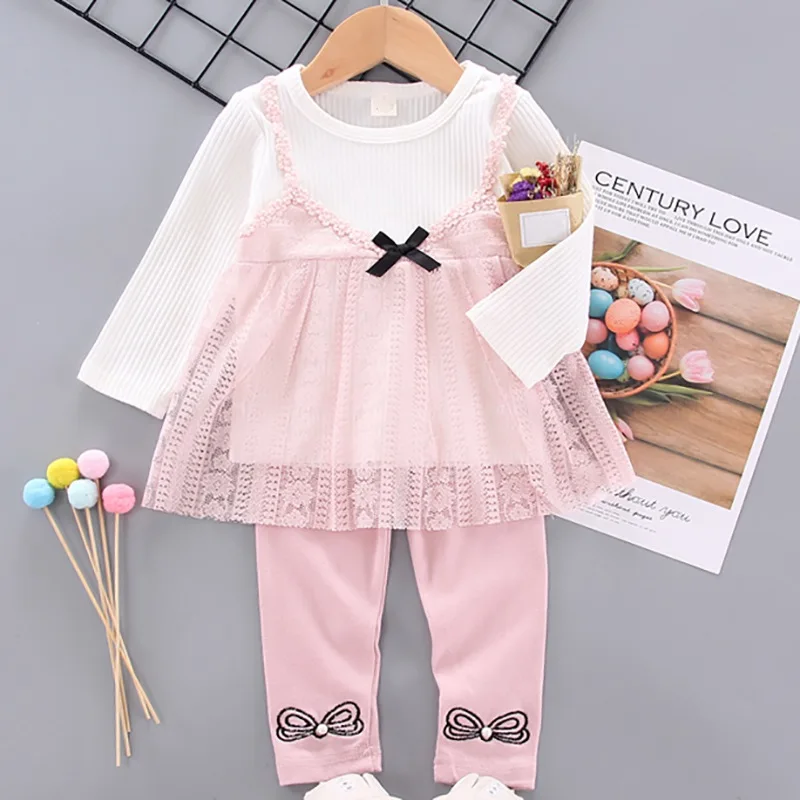 

Comfortable Autumn Spring Clothes Casual Baby Girls Design Leisure Dress With Cropped Trousers Kids Toddler Sundress Set