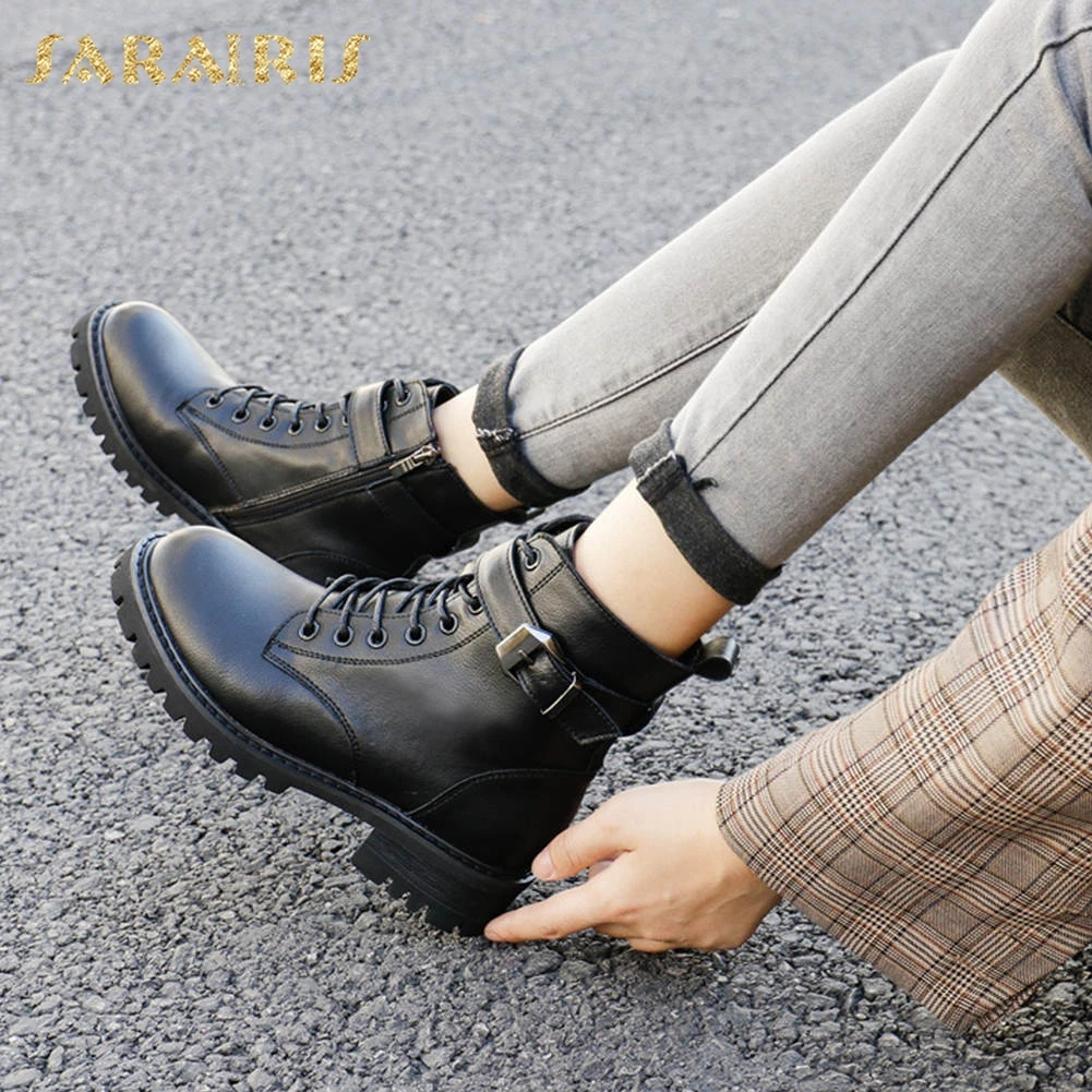 

Sarairis High Quality new arrivals Buckle Decoration Shoes Woman Boots Female Zip Up Chunky Heels Ankle Boots Women Shoes