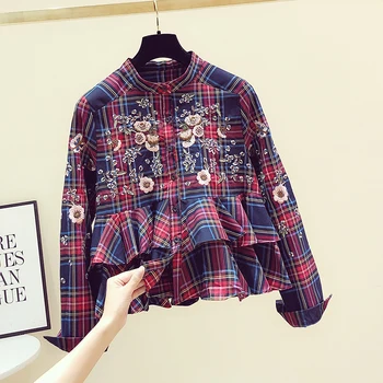 

Plaid Shirt Loose Long Sleeve Stand Collar Blouse for Women 2020 Autumn Retro Embroidery Flower Blusas Top