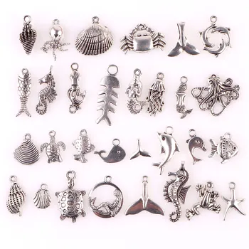 

30PCS Alloy Mixed Ocean Animal Shell Fish Charms Antique Silver Jewelry Making Pendant Findings Accessory 23551