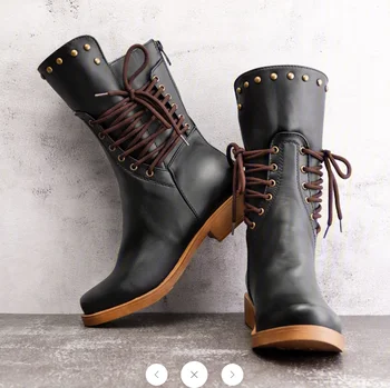 

Boots New Autumn and Winter Women's Zipper Vintage Boots Holiday Mid-calf Vintage Artificial Leather Motorcycle Booties