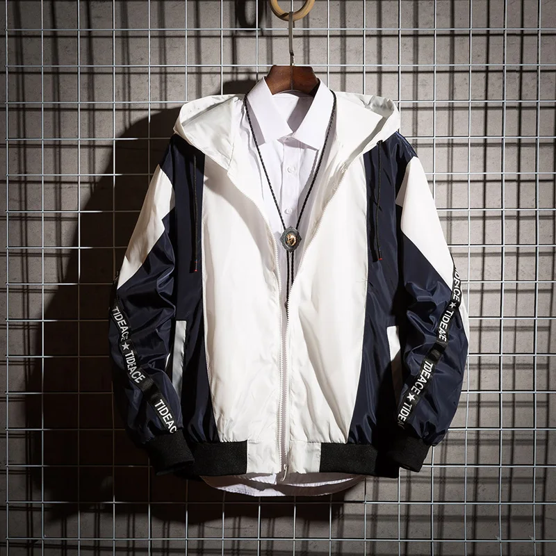 

2019 new trend Spring Autumn Hooded Jacket Men Casual Slim Patchwork Zipper Thin Windbreaker Jacket Male Outwear 3XL