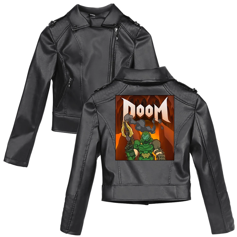 Doom Eternal 2D K pop Harajuku осенне-зимние куртки из искусственной кожи с принтом Базовая Женская тонкая кожаная одежда на молнии