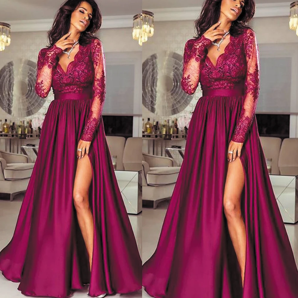 

SuperKimJo Robe De Soiree Deep V Neck Burgundy Prom Dresses Long Sleeve Lace Applique Elegant Cheap Prom Gown Abendkleider 2021
