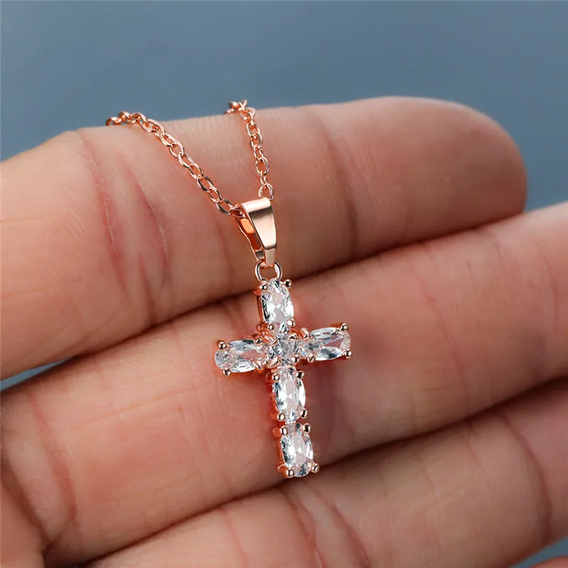Luxury Female White Crystal Pendant Necklace Charm Silver Color Chain Necklaces For Women Cute Bridal Cross Wedding Necklace