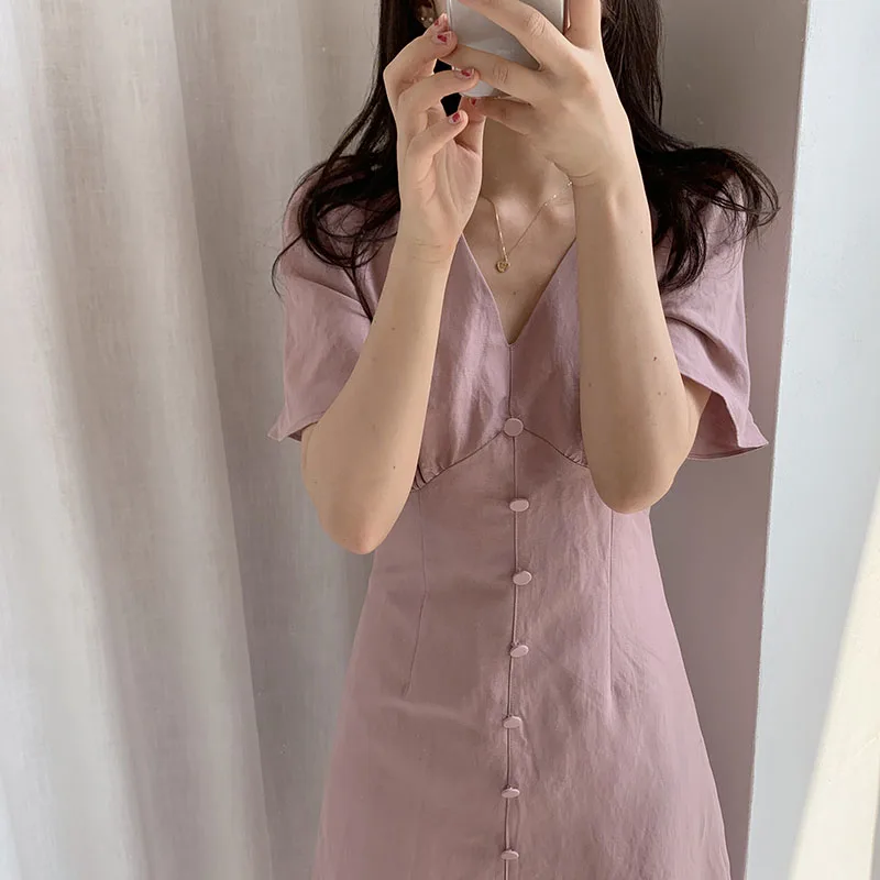 Korean V Neck Sexy Buttons Plus Size Summer Dress Girls Boho Party Female Vintage Dress Short Sleeve Women Dresses Robe Vestido