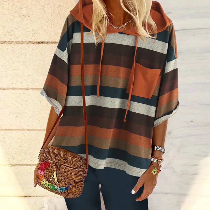  5XL Plus Size Sweatshirt Woman Casual Hoodied Half Sleeve Women's Sweatshirts Vintage Striped Hoodi