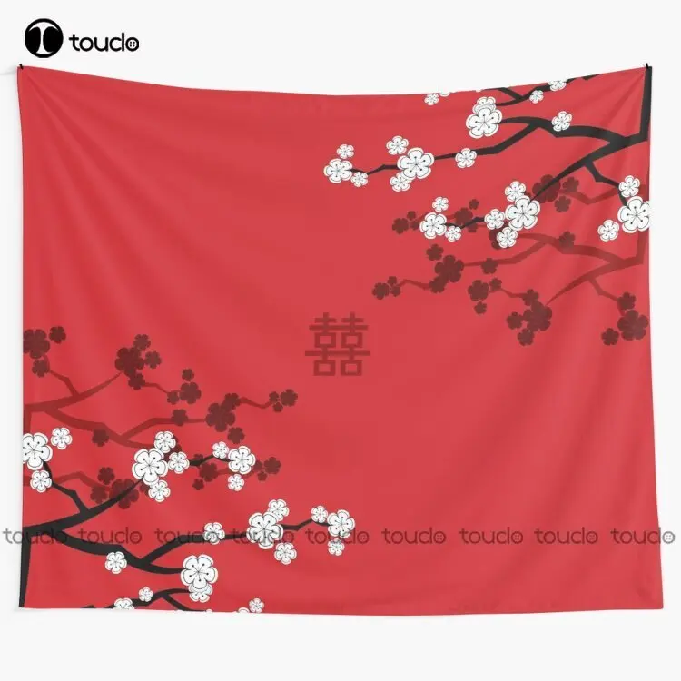 

White Oriental Cherry Blossoms On Red And Chinese Wedding Double Happiness Japanese Tapestry Hanging Wall