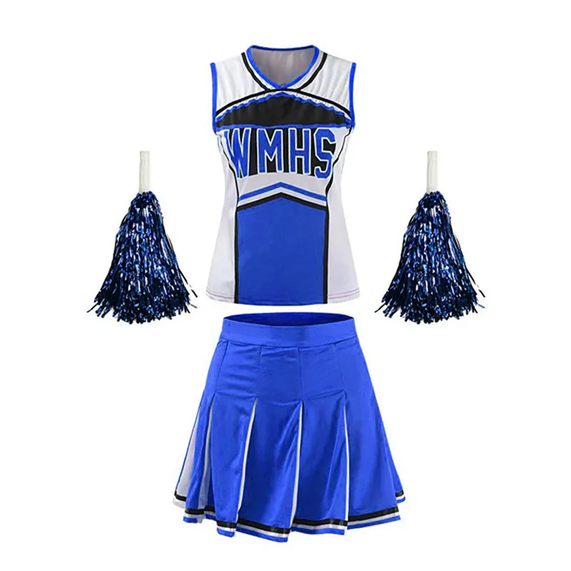 Пикантные High School костюм чирлидерши настроение для девочек школьная униформа для Выступления нарядное платье на Хэллоуин+ помпонами - Цвет: Синий