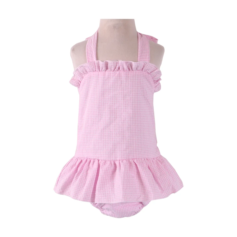 pink plaid Летний детский купальный костюм из хлопка для маленьких девочек, купальник с оборками для младенцев - Цвет: pink plaid