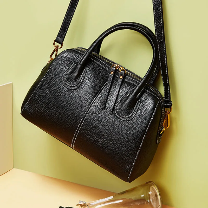Lady real leather bag pillow bag handbag autumn winter female style head layer cowhide litchi grain one shoulder cross bag