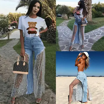 

Plus Size Women High Waist Button Flared Demin Jeans Wide Leg Pants Trousers psychedelic lace Patchwork
