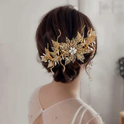 Handmade Crystal Wedding Headpieces for Bride Simulation Hollow Leaves Rhinestones Bridal Bling Headpieces Party