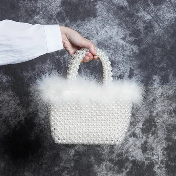 

Women Pearl Handbag Lady Faux Fur Beaded Woven Wedding Clutch Purse Evening Bag for Banquet