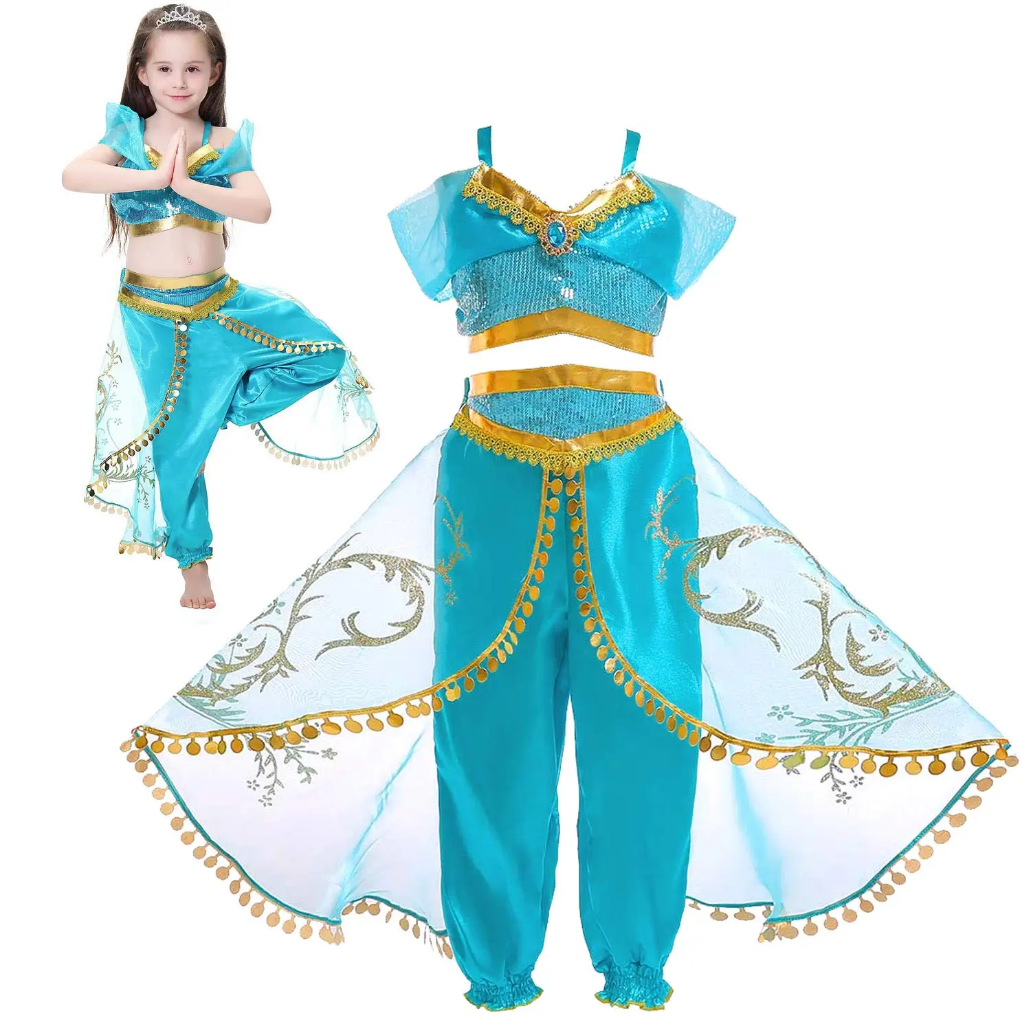

Girls Kid Princess Jasmine Dress Up Costumes Aladdin Halloween Dance Performance Party Fancy Dance Dress Two piece Set Suit