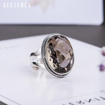 

2019 New Vintage Smoky Quartz S925 Silver Ring For Men And Women Original Design Handcraft Luxury Retro Wide Gemstone Rings Gift