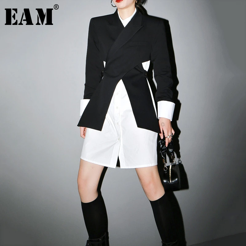 Split-Joint Blazer Fit-Jacket Long-Sleeve Black Fashion EAM Women Spring Autumn New Lapel