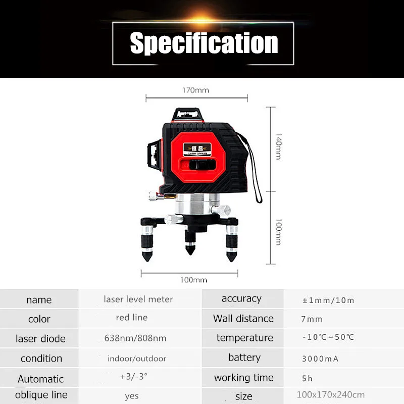 Профессиональный 12 линий 3D красный лазерный уровень самонивелирующийся горизонтальный и вертикальный 360 градусов Регулировка мощная красная лазерная лучевая линия