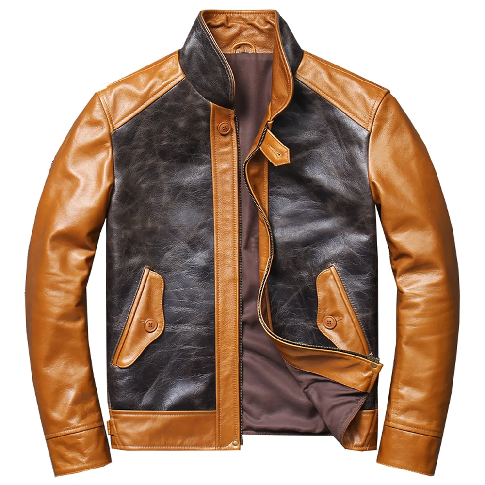 

Vintage Fashion Cowhide Leather Jacket Man Genuine Leather Winter Coat Men Brand Imported Slim Fit Street Contrast Jackets 2022