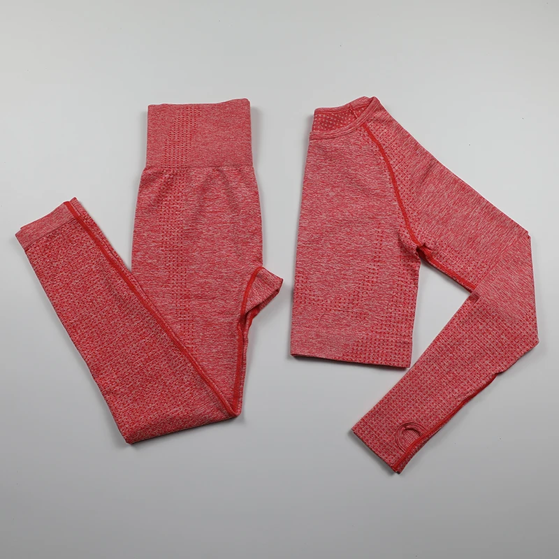 Coral Marl Set Комплект из 2 предметов, тренировочная одежда для женщин, укороченный Топ с длинным рукавом+ бесшовные леггинсы, комплект спортивной одежды, одежда для спортзала, спортивные комплекты для йоги - Цвет: Coral Marl Set