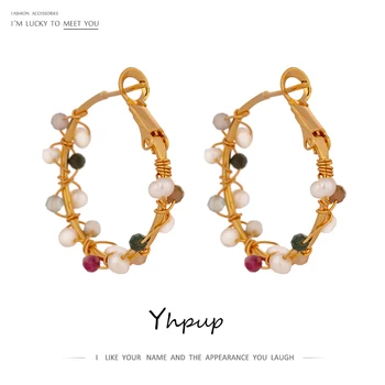 

Yhpup Luxury Natural Stone Pearls Hoop Earrings High Quality Copper Round Hollow Earrings Friend Women Wedding Gift 2020