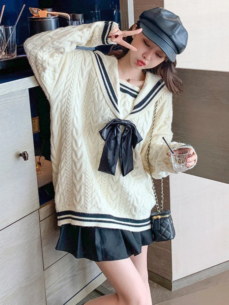 blue sweater Women Cute Sweater Loose Japanese Sweet Style 2021 Autumn Spring Knitted Pullovers V-Collar Oversize Female Sweater cropped cardigan Sweaters