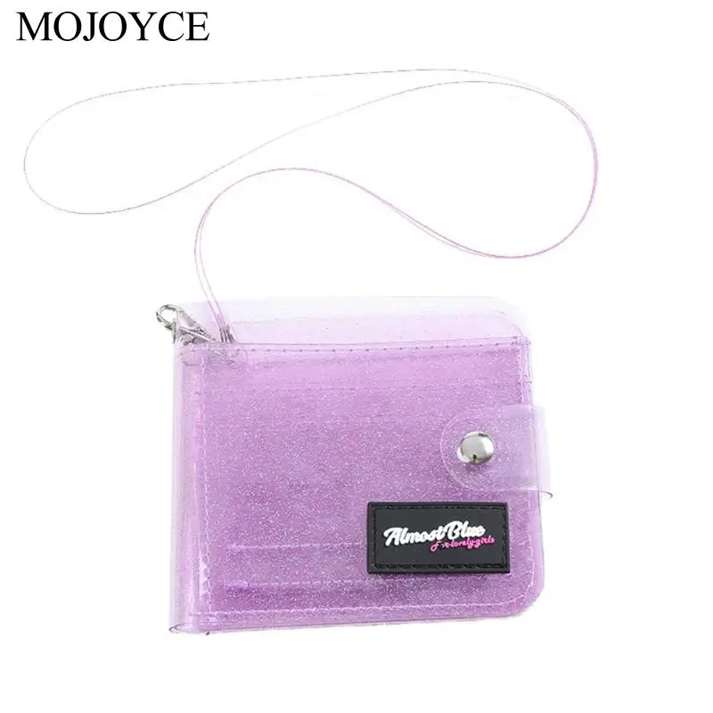 Портативный модный однотонный Прозрачный женский кошелек из ПВХ, Прозрачный складной короткий кошелек с ремешком, мини кошелек для денег, держатель для карт