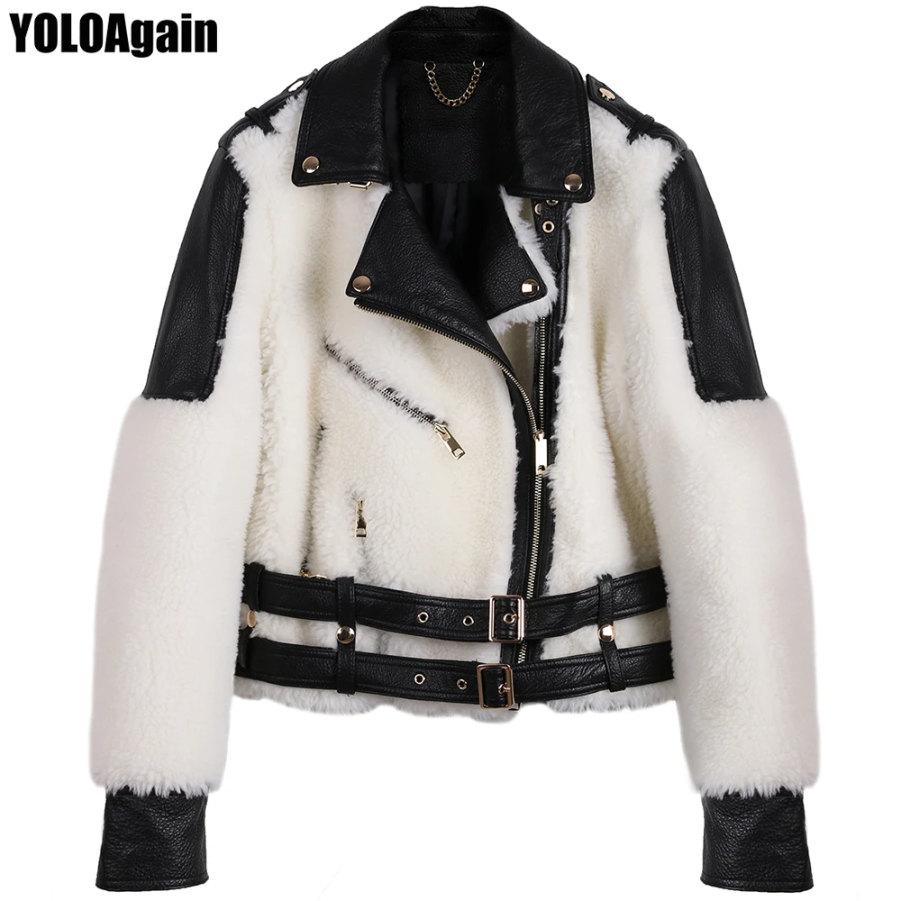 

YOLOAgain Women genuine leather jacket ladies real lamb fur jacket