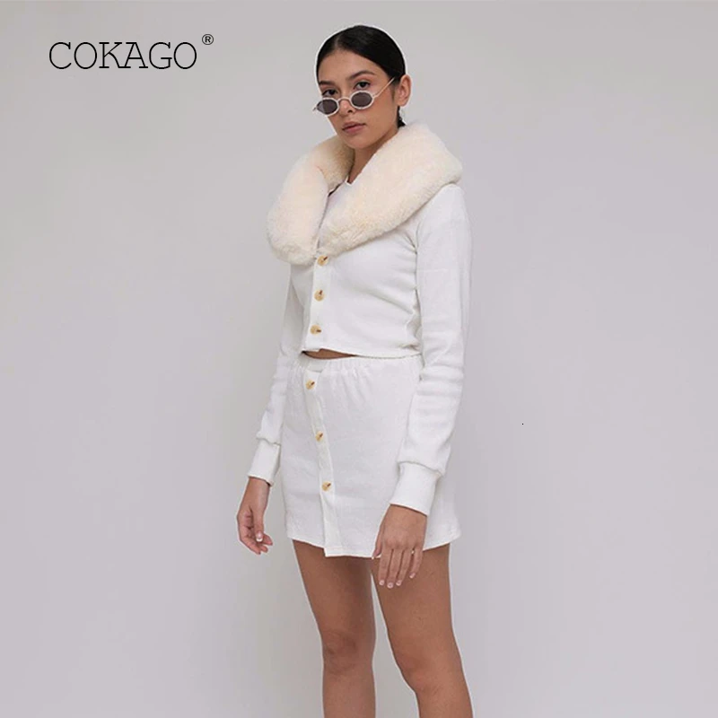 

COKAGO White Two Pieces Cardigan And Skirt Set Women Faux Fur Turn Down Collar Casual Single Breasted 2 Piece Sets Autumn 2019