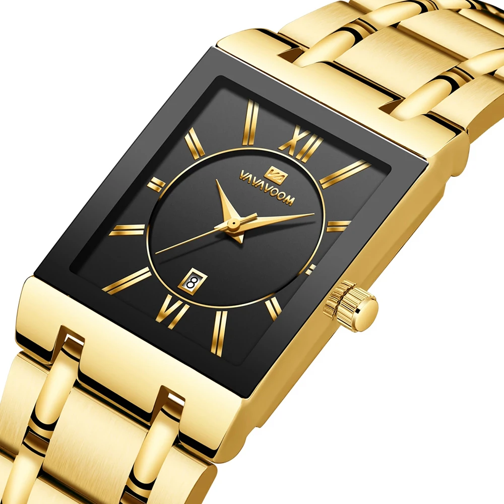 2022 Men Business Watch Simple Design Luxury Fashion Rectangular Gold Stainless Steel Calendar Waterproof Quartz Men's Watches