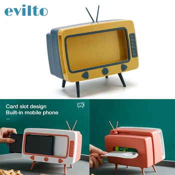 

2 IN 1 Home Desktop Tissue Box Multifunctional Drawer Tissue Storage Box with Mobile Phone Holder Dust-proof TV Shape Stand