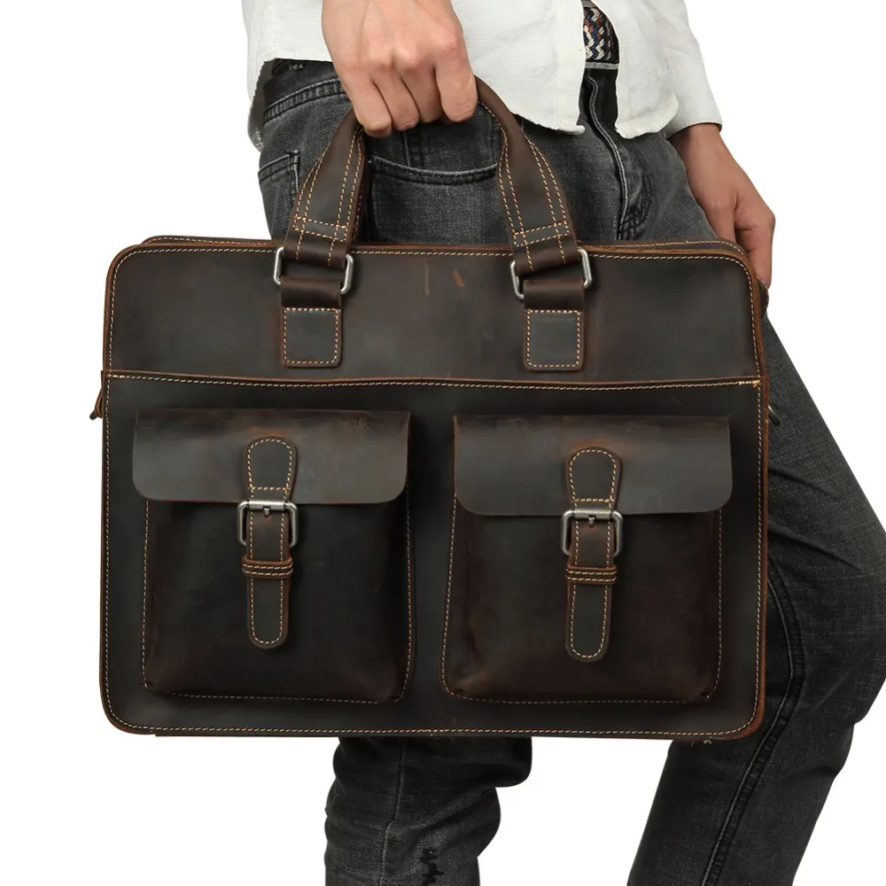 Get JOYIR 2021 Vintage Men's Cow Genuine Leather Briefcase Crazy Horse Leather Messenger Bag Male Laptop Bag Men Business Travel Bag