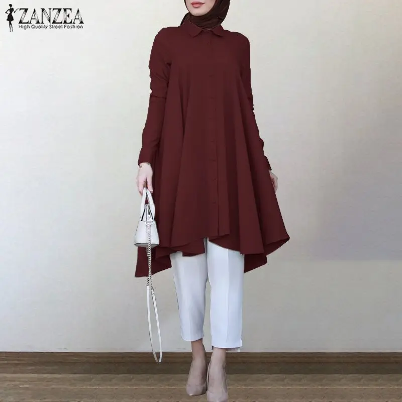 Autumn Blouse Clothing Turkish-Robe Shirts Womens Asymmetrical Long-Sleeve ZANZEA Female