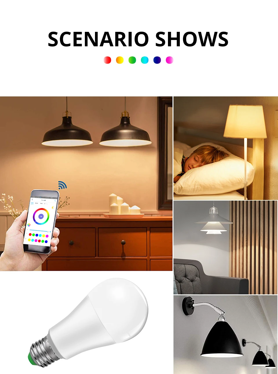 E27 Smart WiFi Bulb RGB+WW+CW Fit Alexa Google Assistant 15W 85-265V E14 B22 Dimmable Smart Wake up Light Voice APP Control