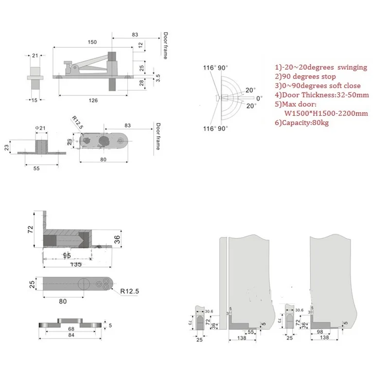 Force Adjustable Hydraulic Floor Cut Free Face Mount Top Bottom Pivot Hinge Wooden Door Spring Closer Stainless Steel