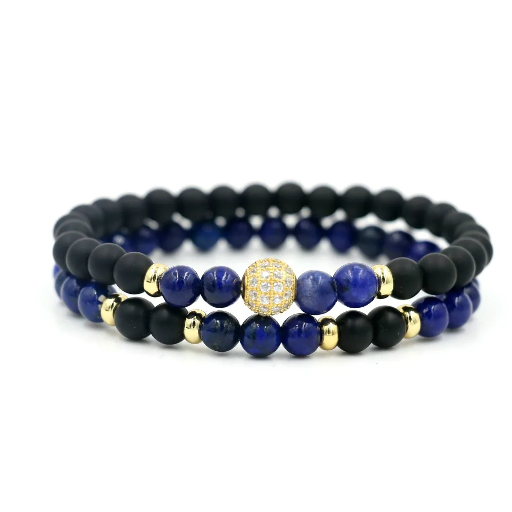 2Pcs/Set Natural Lapis Lazuli Stone 6 mm Beaded Strand White Zircon Ball Bracelets For Men Women Yoga Jewelry | Украшения и