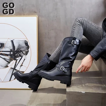 

[GOGD]fashion winter lady boots 2020 Women Boots Black Leather Female Zipper Cross-tied Bling Shoes Buckle Riding With Diamond