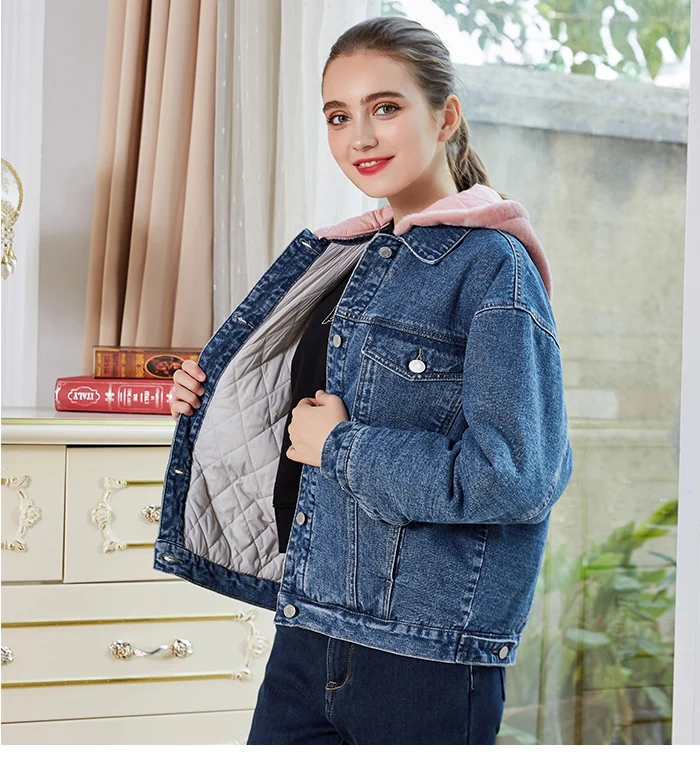 Женская джинсовая куртка с начесом LEIJIJEANS, теплая стильная куртка с розовым капюшоном, новая молодежная модель 9226R большого размера на зиму