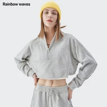 

Rainbowwaves Sweatshirts For Women Sexy Irregularity Stand Neck Zipper Hoodie Slim Streetwear Fashion Top Harajuku Pullover