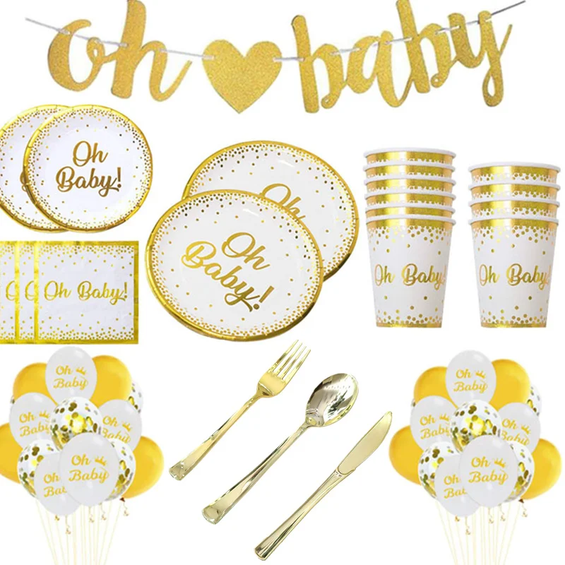 Gold Disposable Tableware Oh Baby Birthday Paper Plates Cups Napkins Birthday Party Cutlery Baby Shower Gender Reveal Supplies