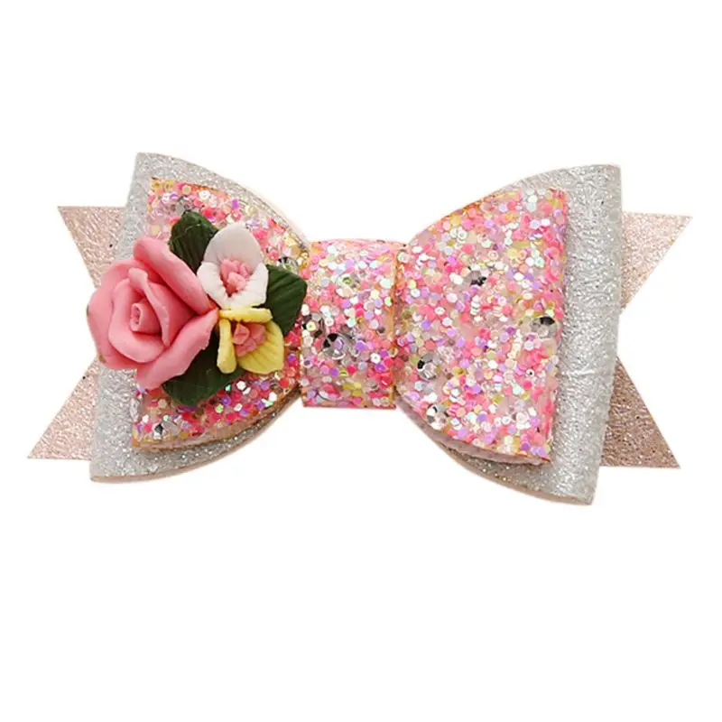 Pink and White Детская боковая заколка с бантом; Новинка; заколка принцессы с блестками и цветами для девочек; зажимы для челки; аксессуары для волос - Цвет: Pink and White