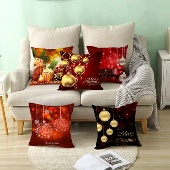 

Red Christmas Peach Skin Printed Pillowcase Elk Gold Text Pattern Sofa Study Decoration Cushion Cover Accessories