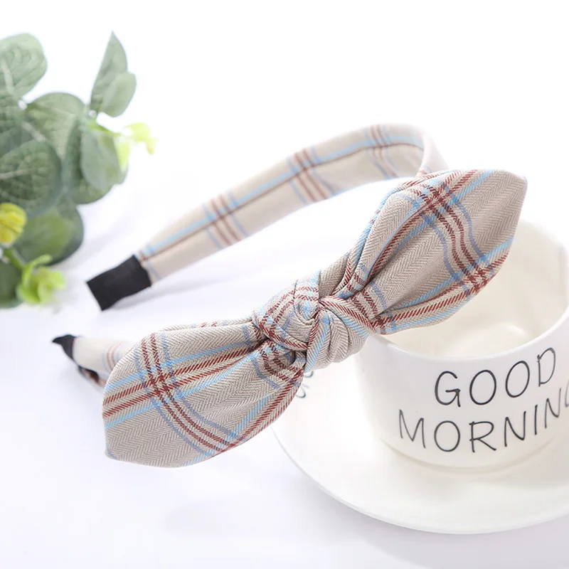 12 шт. заячьи ушки Hairband украшения для волос для девочек оголовье в клеточку обруч на волосы, завязанный бантом для детей