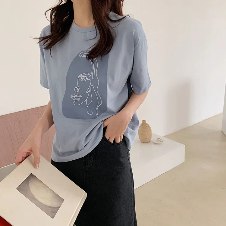 Abstract Print T-shirt Female Short Sleeve 2020 Summer New O-Neck Korean Women's Casual Tops Tees Harajuku
