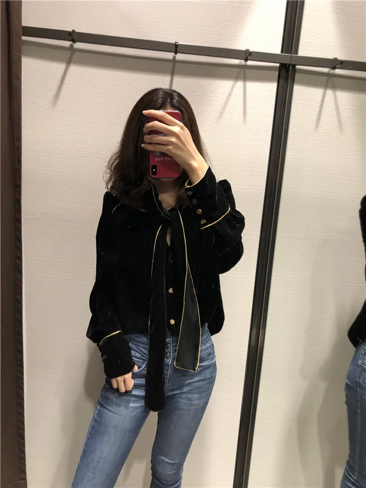 

TMODA 2019 Office Lady Bow Tie Neck Velvet Blouse Long Sleeve Pleated Work Wear Black Shirts Casual Loose Tops Blusas Mujer