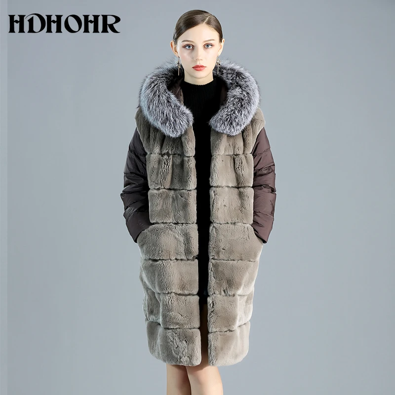 HDHOHR Высокое качество пальто из меха кролика рекса Для женщин куртка с большим капюшоном длинный теплый натуральный мех кролика рекс меховая куртка женская