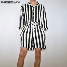 Модные Полосатые мужские комбинезоны на пуговицах с 3/4 рукавом и отворотом, уличная одежда, комбинезон, брюки, мужские повседневные Комбинезоны, S-5XL, INCERUN